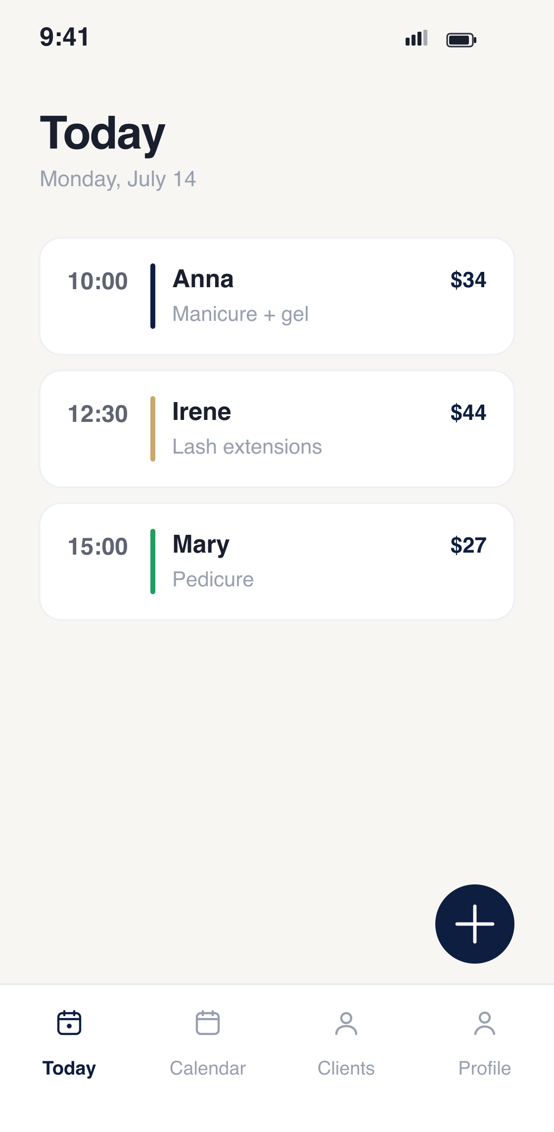 Zapiska — Today screen: every booking of the day at a glance